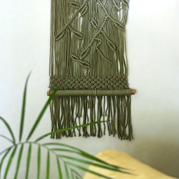 OOAK Artisanal Tapestry Wall Hanging Sage Green Macrame Botanical Leaves & Vines - Picture 3 of 7